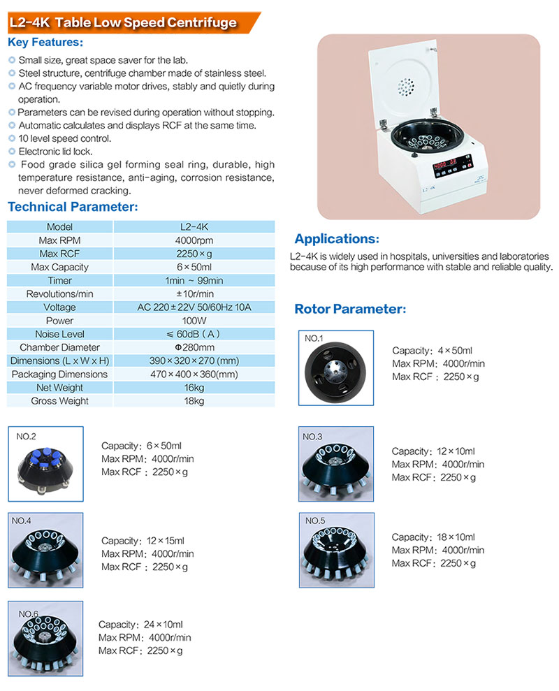 Desktop Low Speed Centrifuge 4000rpm Laboratory Centrifuge