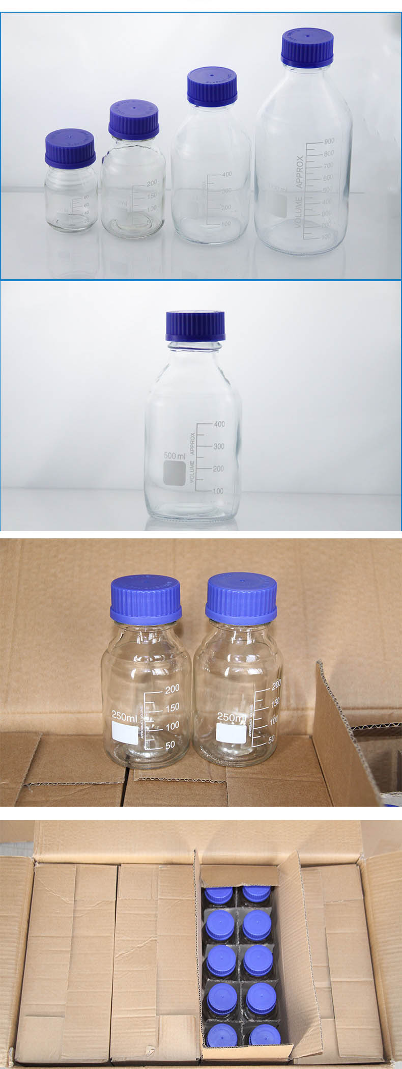 Blue cap screw top bottle with graduated glass screw top bottle 500ml