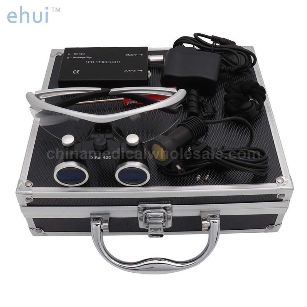 Headlamp with filter and metal box surgical magnifying glass