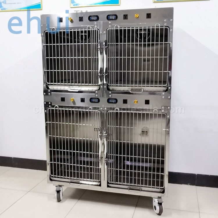 Veterinary clinics and hospitals use stainless steel cages with warm light