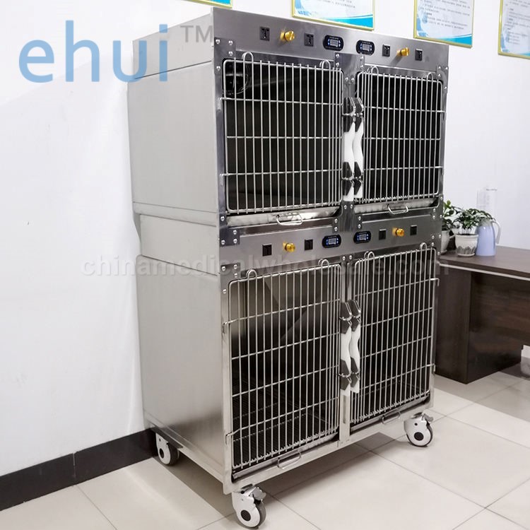 Veterinary clinics and hospitals use stainless steel cages with warm light