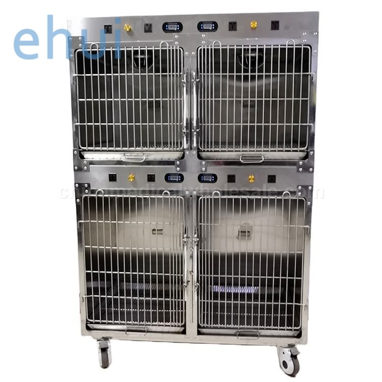 Veterinary clinics and hospitals use stainless steel cages with warm light