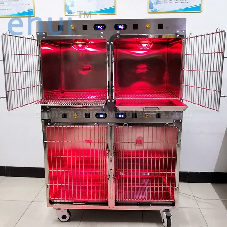 Veterinary clinics and hospitals use stainless steel cages with warm light