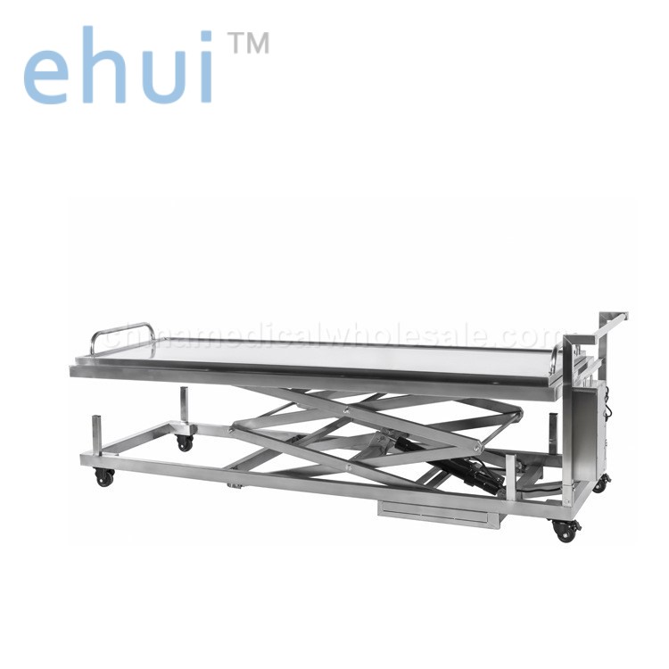 Supply 304 stainless steel morgue funeral electric lift corpse trolley