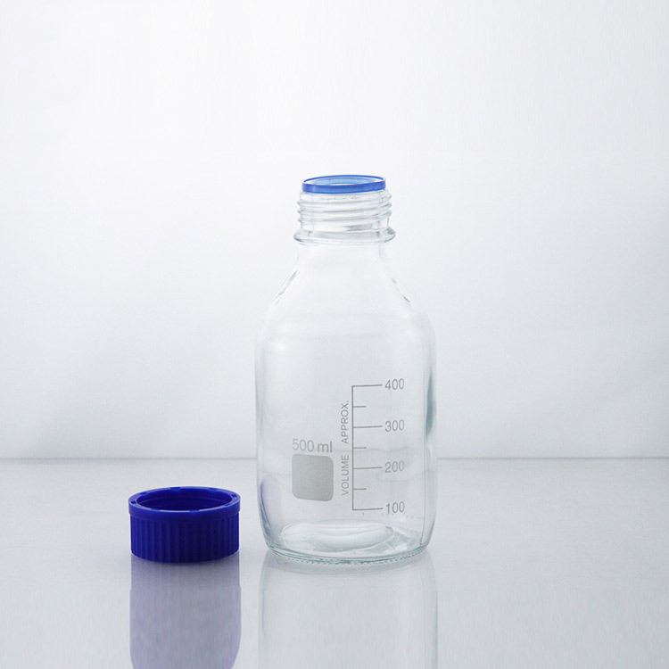 Blue cap screw top bottle with graduated glass screw top bottle 500ml